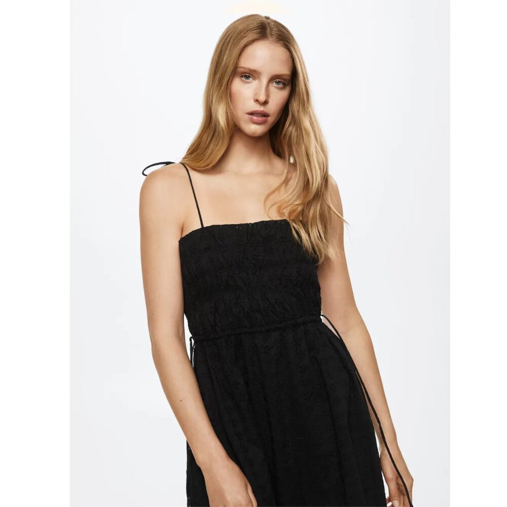 Mango Black Eyelet Smocked Square Neck Tie Shoulder Midi Dress Size Large NWT
